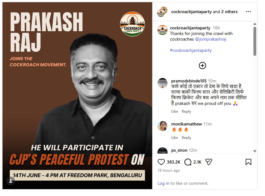 Actor Prakash Raj to join the Cockroach Janata Party protest in Bengaluru