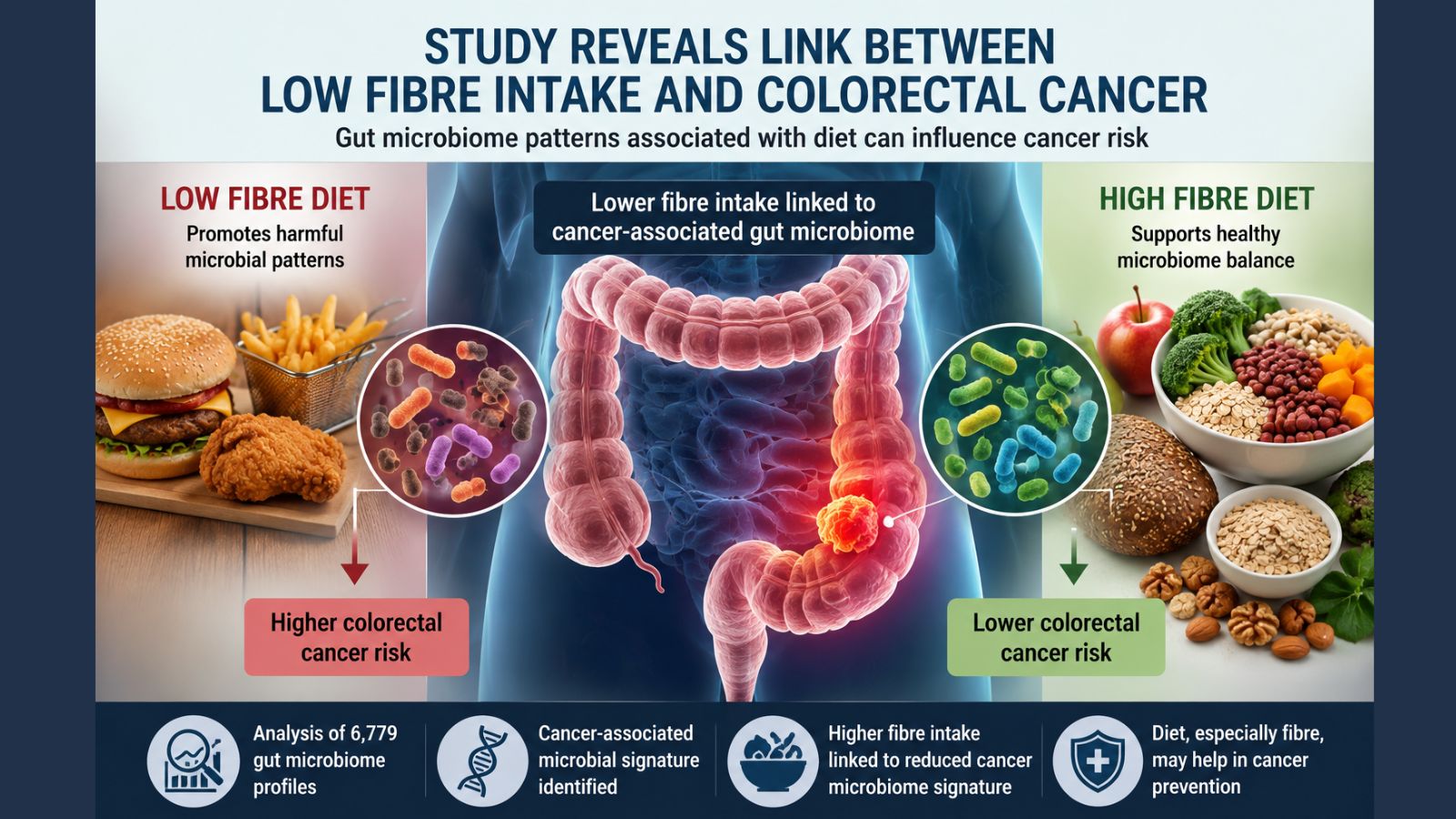 Study of gut microbiomes reveals link between low fibre intake, colorectal cancer